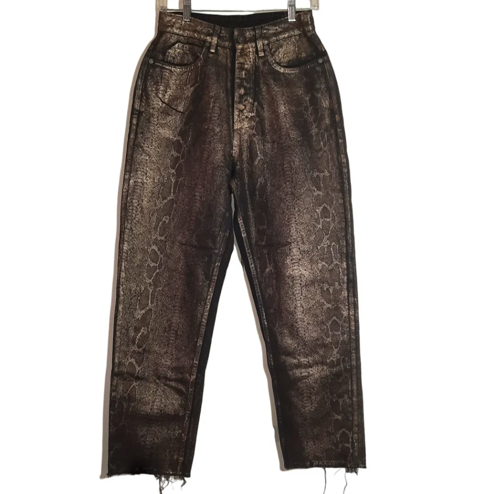 WE THE FREE CRVY Jeans Cropped Metallic Snakeskin Coated Black Gold NWOT… - Picture 4 of 10